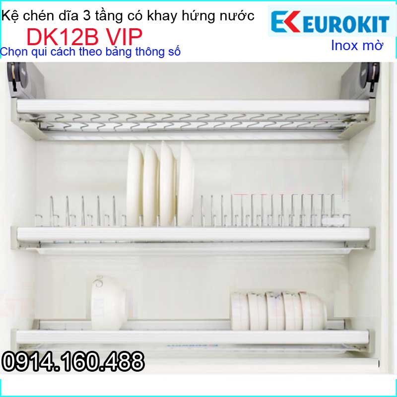 Khay úp chén dĩa 3 tầng inox mờ tủ bếp trên EUROKIT-DK12B-VIP