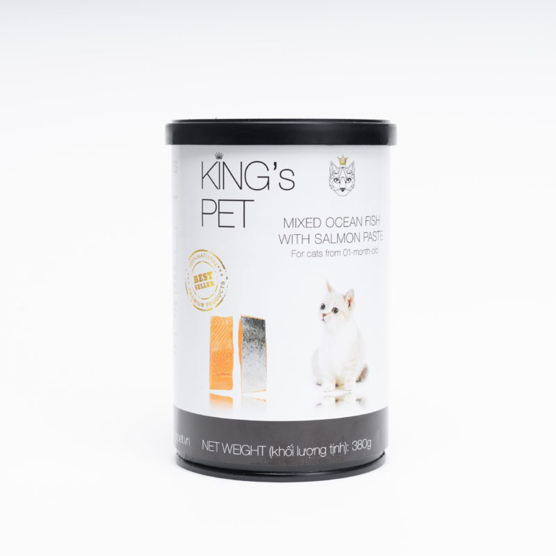 Pate hỗn hợp Cá hồi Kings Pet lon 380g – thức ăn cho chó mèo từ 01 tháng tuổi