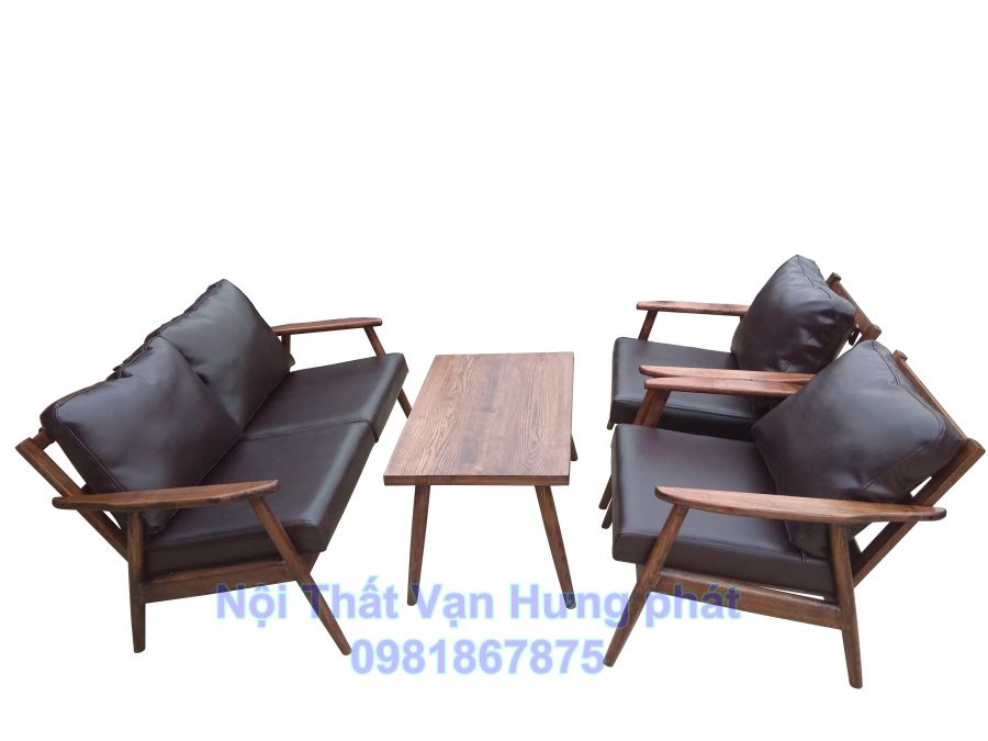Bộ bàn ghế sofa cafe khung gỗ sồi đệm da