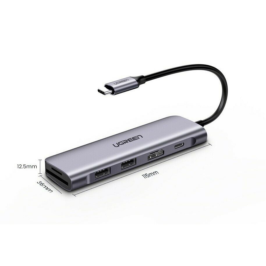 Bộ chuyển đổi HDMI Ugreen 70410 15CM USB Type C Hub Aluminium 6-In-1 Type C to HDMI 4K Adapter with 3 USB 3.0 Ports