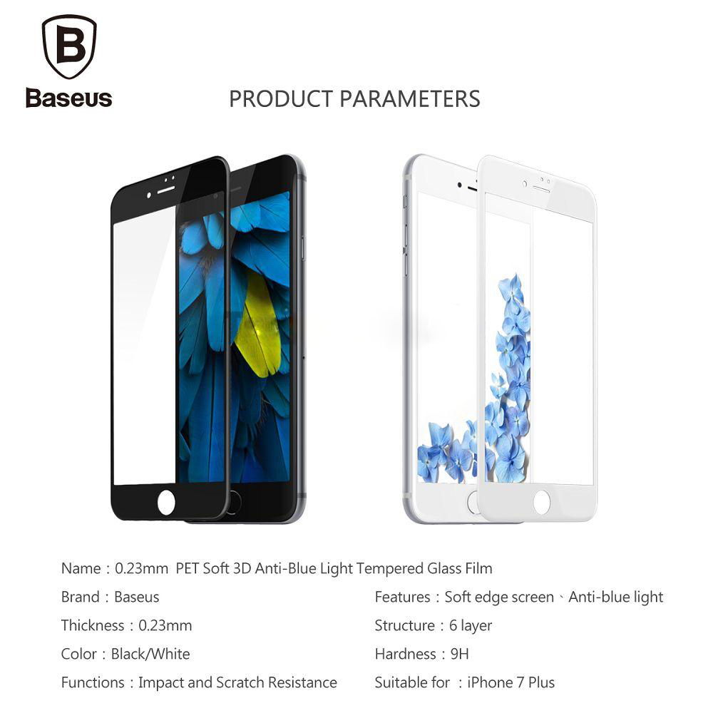 Miếng dán cường lực iPhone 7/7 Plus Baseus 0.23mm Pet Soft Blue Light 3D (Full cạnh mềm chống mẻ)