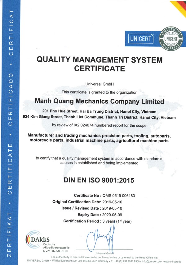 Chứng nhận ISO 9001-2015 và chứng nhận ISO 14001-2015