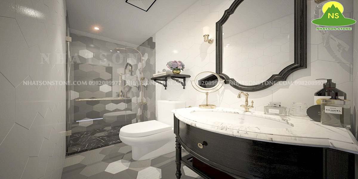 Không gian phòng tắm cùng bàn đá tự nhiên lavabo