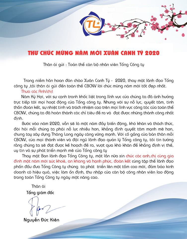 Thư chúc Tết Canh Tý - 2020 của Tổng giám đốc Nguyễn Đức Kiên gửi Cán bộ công nhân viên TCT