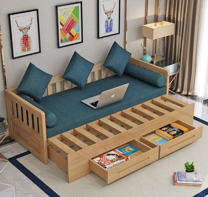 Sofa gỗ kéo ra thành giường chất liệu gỗ sồi cao cấp