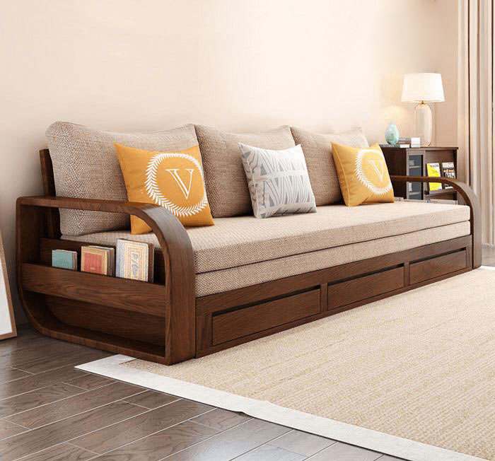 Mẫu ghế sofa kéo ra thành giường chất liệu gỗ óc chó