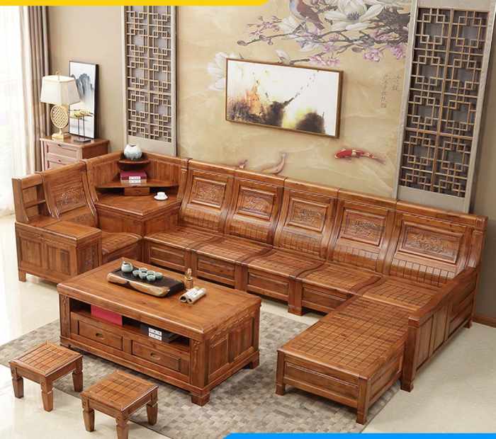 Sofa góc gỗ chữ U độc đáo, hoa văn tinh xảo, kèm bàn trà và ghế đẹp mắt