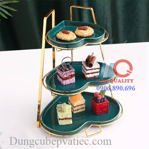 Kệ 3 tầng dĩa đựng thức ăn tiệc trà buffet, 3 dĩa sứ hình tháp đẹp đựng bánh, Kệ khung trưng bày hoa-bánh-trái cây hình trái tim