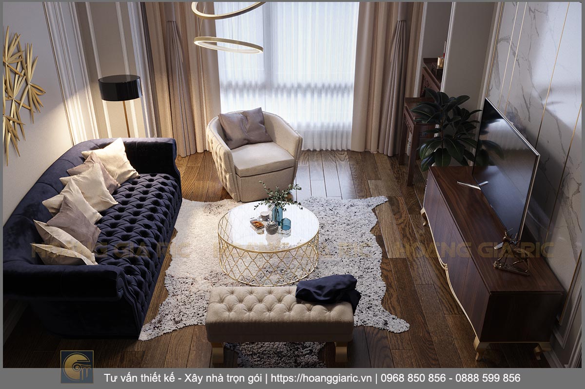 Thiết kế phối cảnh nội thất phòng khách 1.2 chung cư tân cổ điển Hà nội tc2018