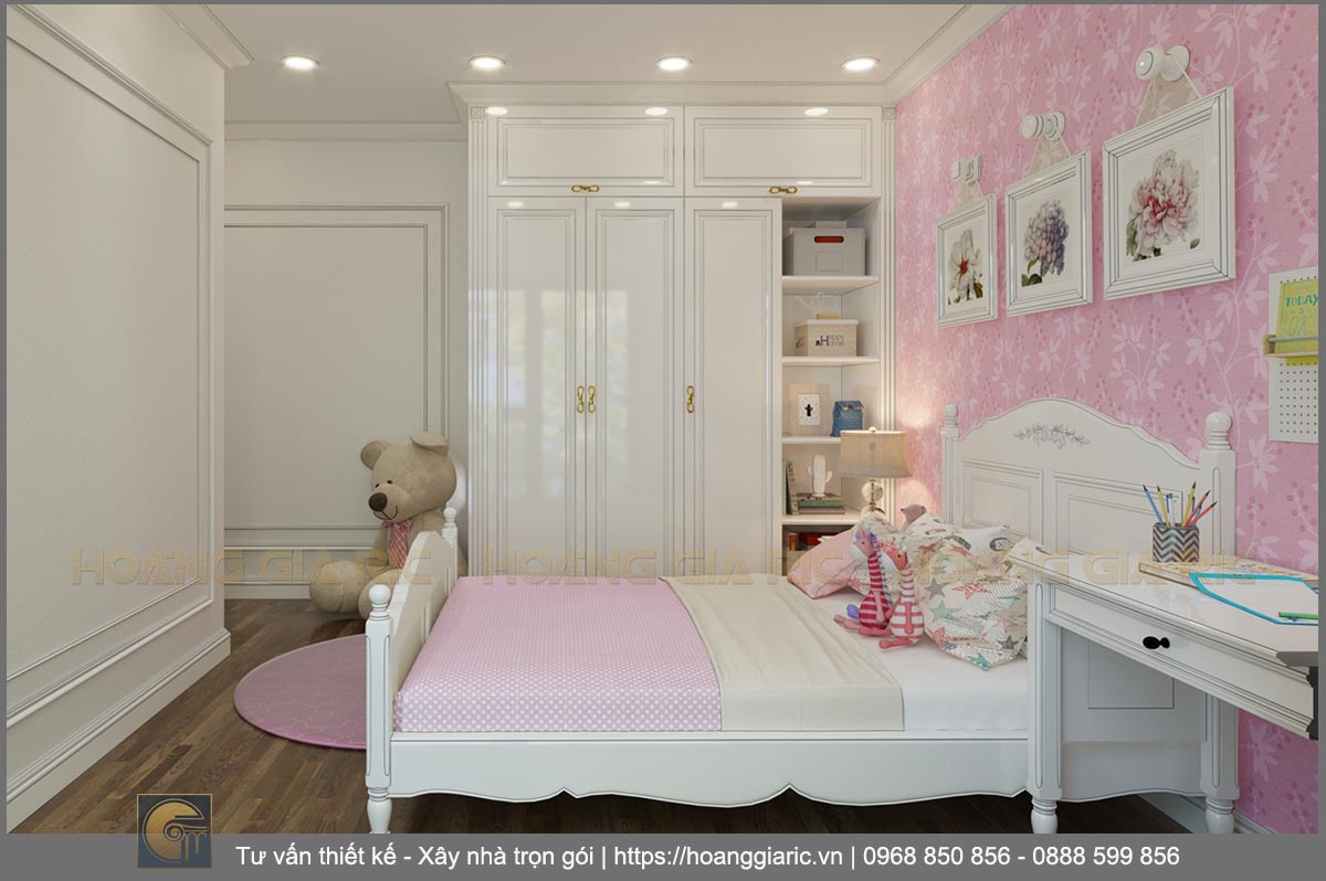 Thiết kế phối cảnh nội thất phòng ngủ con 2.2.2 chung cư tân cổ điển Hà nội tc2018