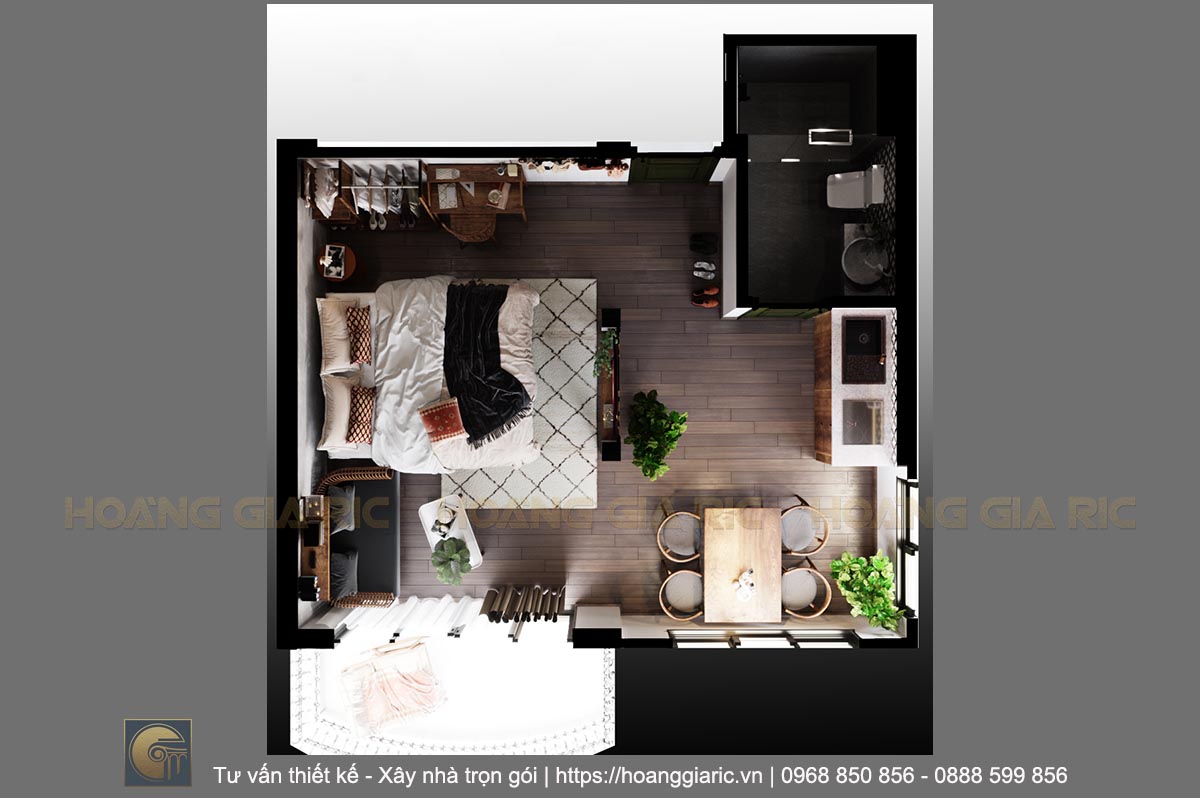 Thiết kế nội thất nhà phố homestay Hà nội ph2019, phối cảnh mặt bằng căn hộ mini 01