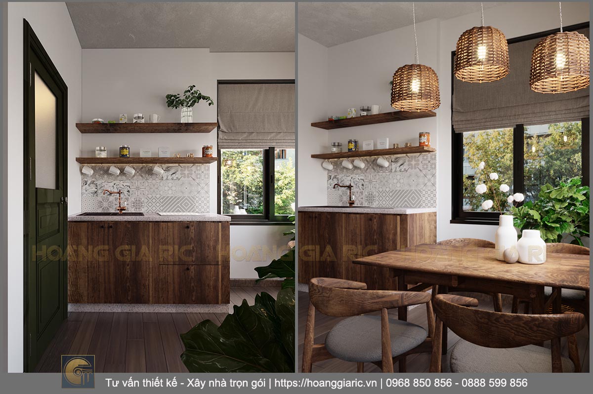 Thiết kế nội thất nhà phố homestay Hà nội ph2019, phối cảnh phòng bếp và ăn căn hộ mini 01