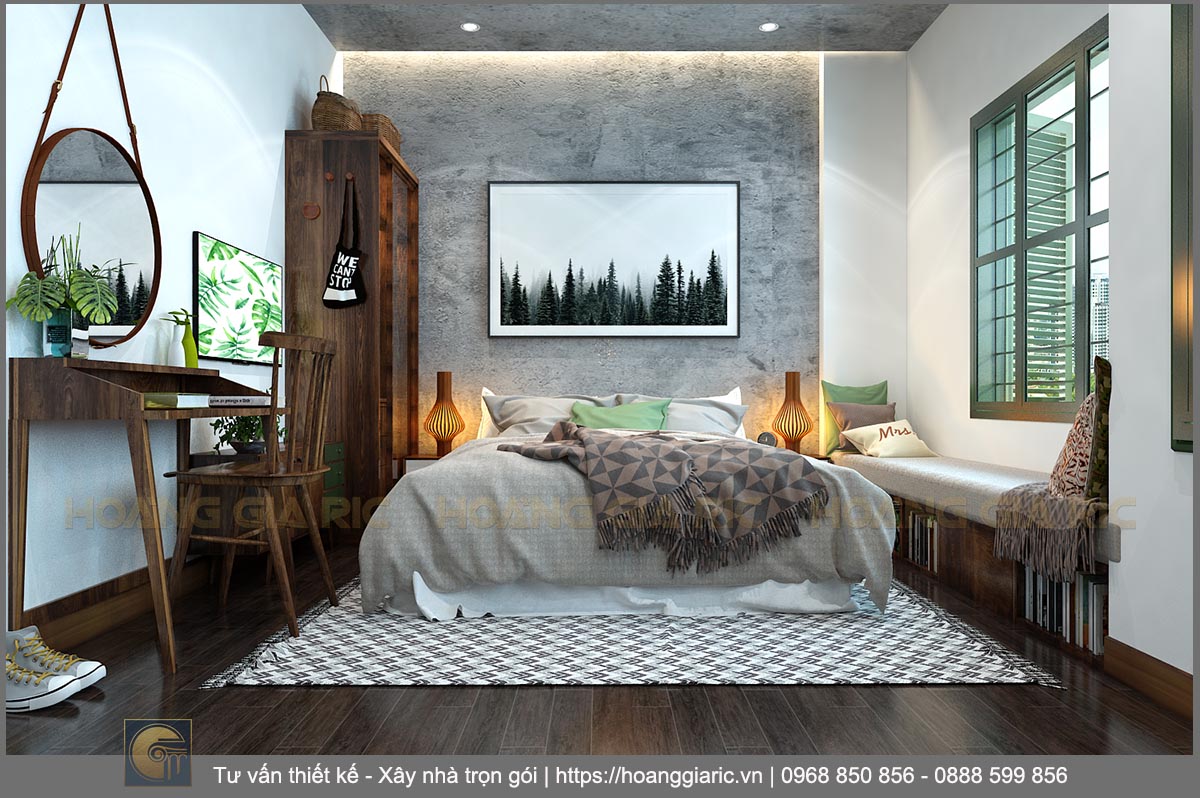 Thiết kế nội thất nhà phố homestay Hà nội ph2019, phối cảnh phòng ngủ căn hộ mini 02