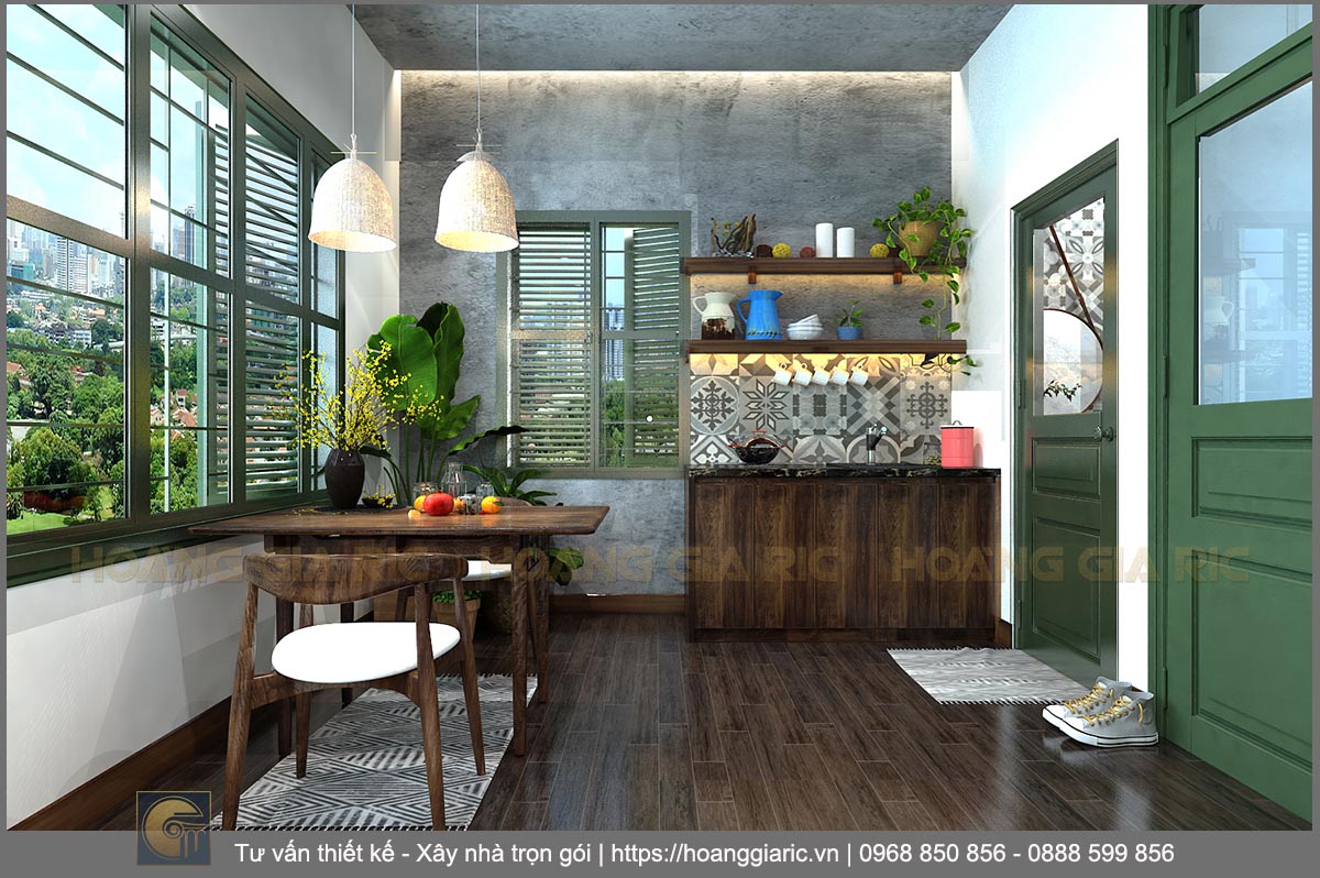 Thiết kế nội thất nhà phố homestay Hà nội ph2019, phối cảnh phòng bếp và ăn căn hộ mini 02