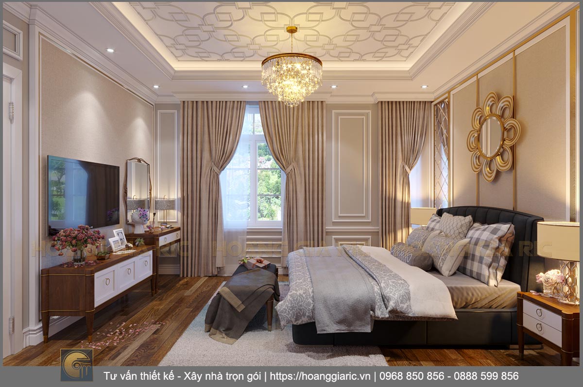 Thiết kế nội thất biệt thự nhà vườn tân cổ điển Quảng ninh tq2019, phối cảnh phòng ngủ 1.3