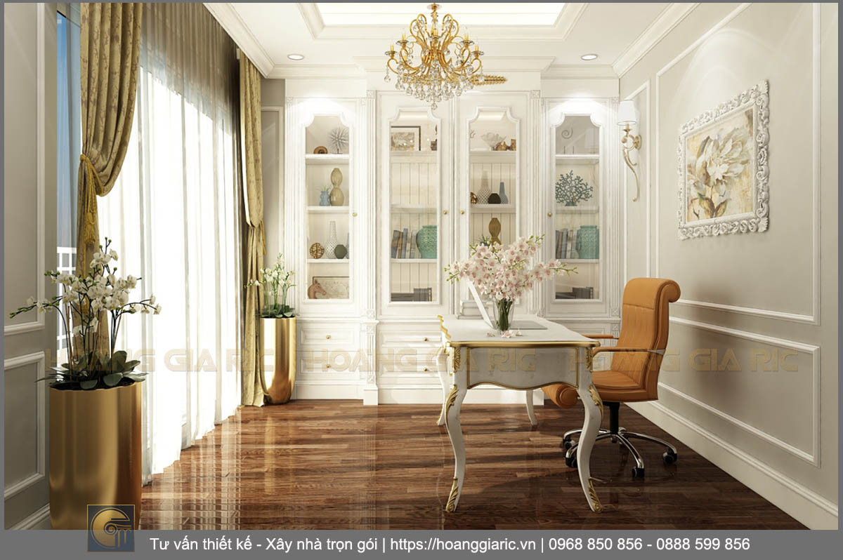Thiết kế nội thất chung cư tân cổ điển Hà nội dv12018, phối cảnh phòng làm việc