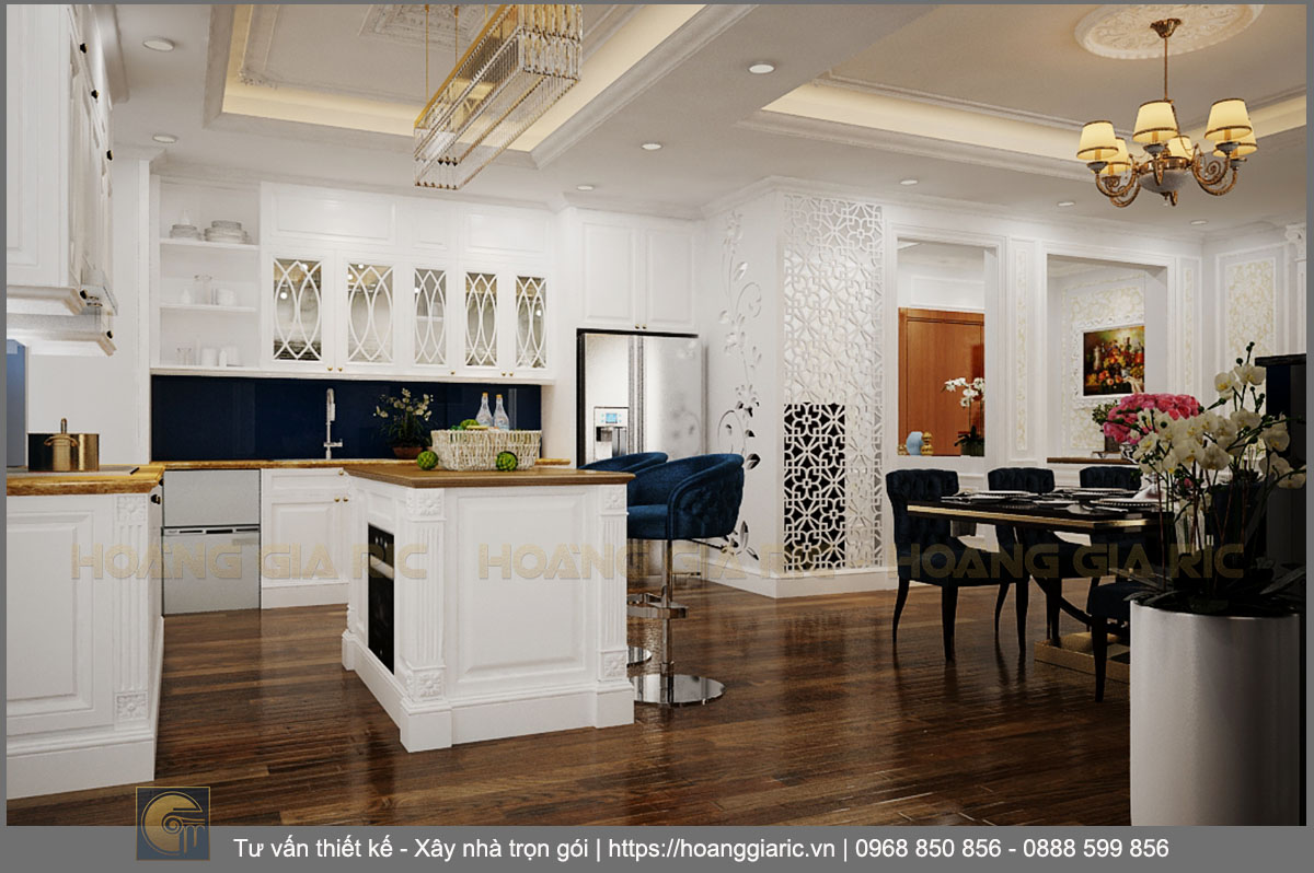 Thiết kế nội thất chung cư tân cổ điển Hà nội dv22018, phối cảnh phòng khách bếp ăn 1