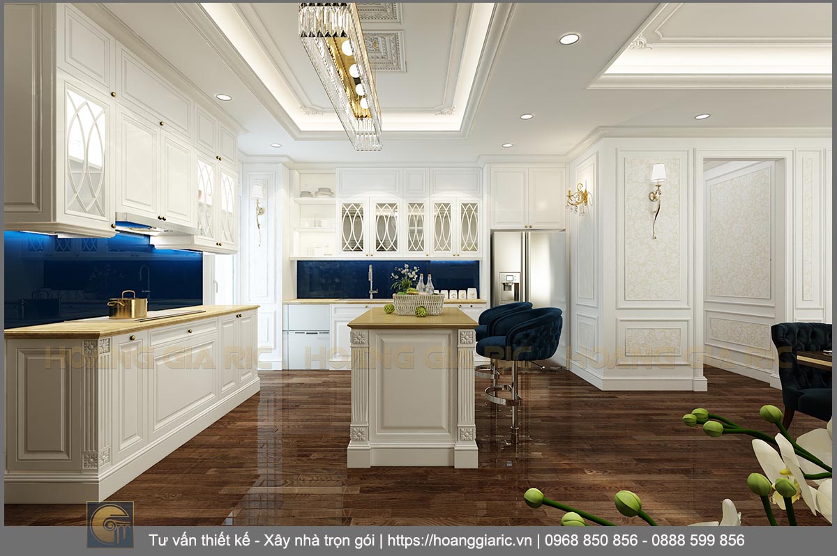 Thiết kế nội thất chung cư tân cổ điển Hà nội dv22018, phối cảnh phòng khách bếp ăn 2