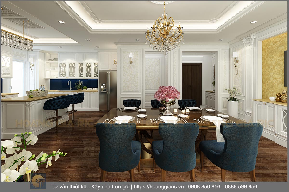 Thiết kế nội thất chung cư tân cổ điển Hà nội dv22018, phối cảnh phòng khách bếp ăn 5