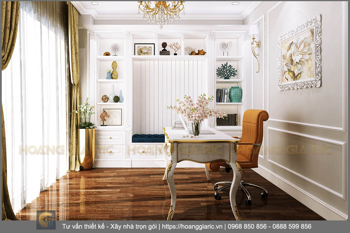 Thiết kế nội thất chung cư tân cổ điển Hà nội dv22018, phối cảnh phòng làm việc 1