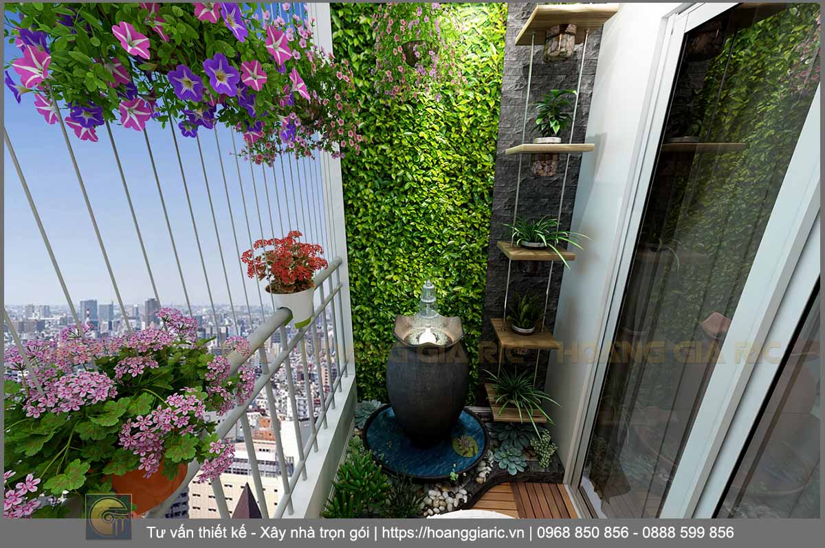 Thiết kế nội thất chung cư tân cổ điển Hà nội dv22018, phối cảnh ban công cây xanh 1