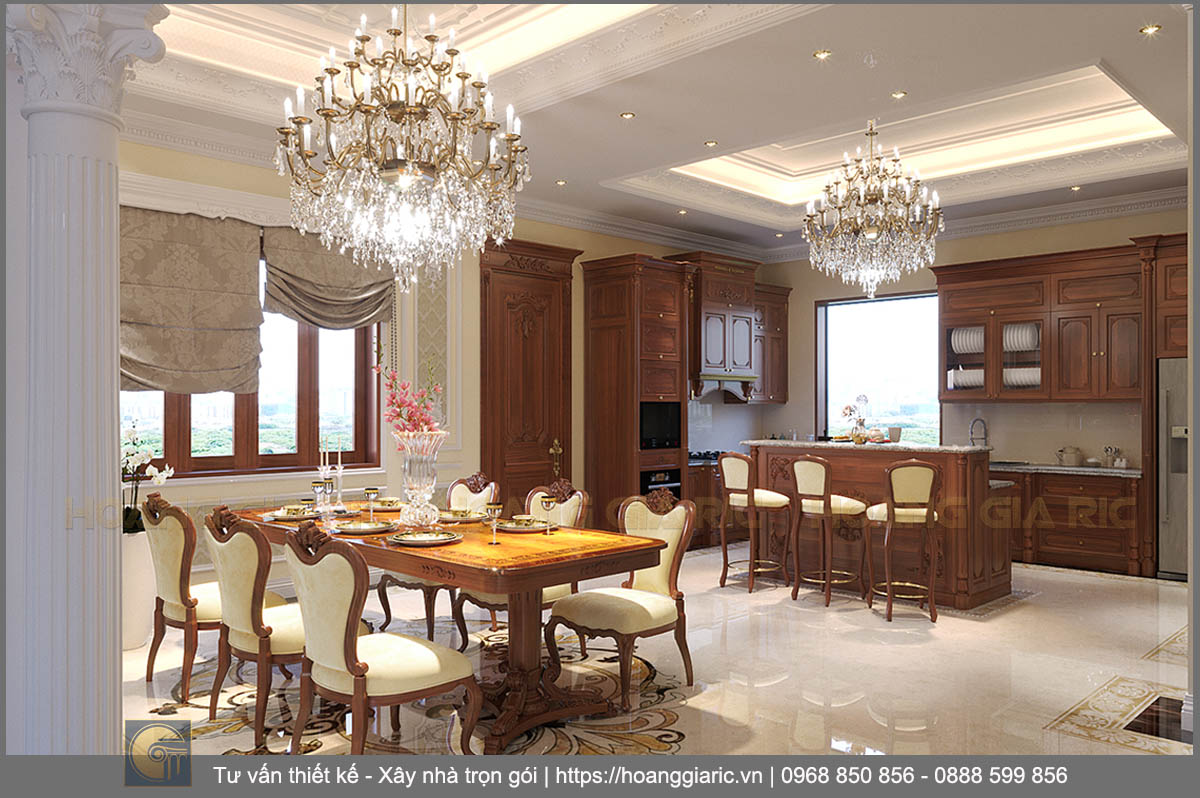 Thiết kế nội thất biệt thự tân cổ điển Hải dương nd22018, phối cảnh phòng bếp và ăn 2