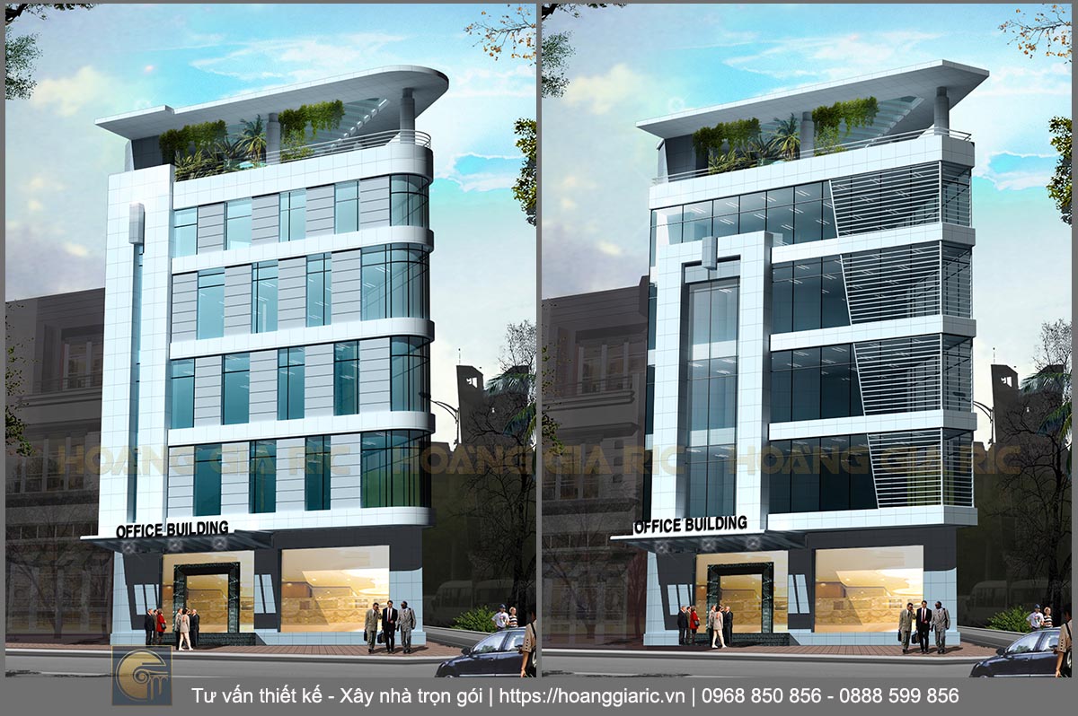 Thiết kế kiến trúc văn phòng hiện đại Hà nội hn2013 phương án 1,2, phối cảnh mặt tiền