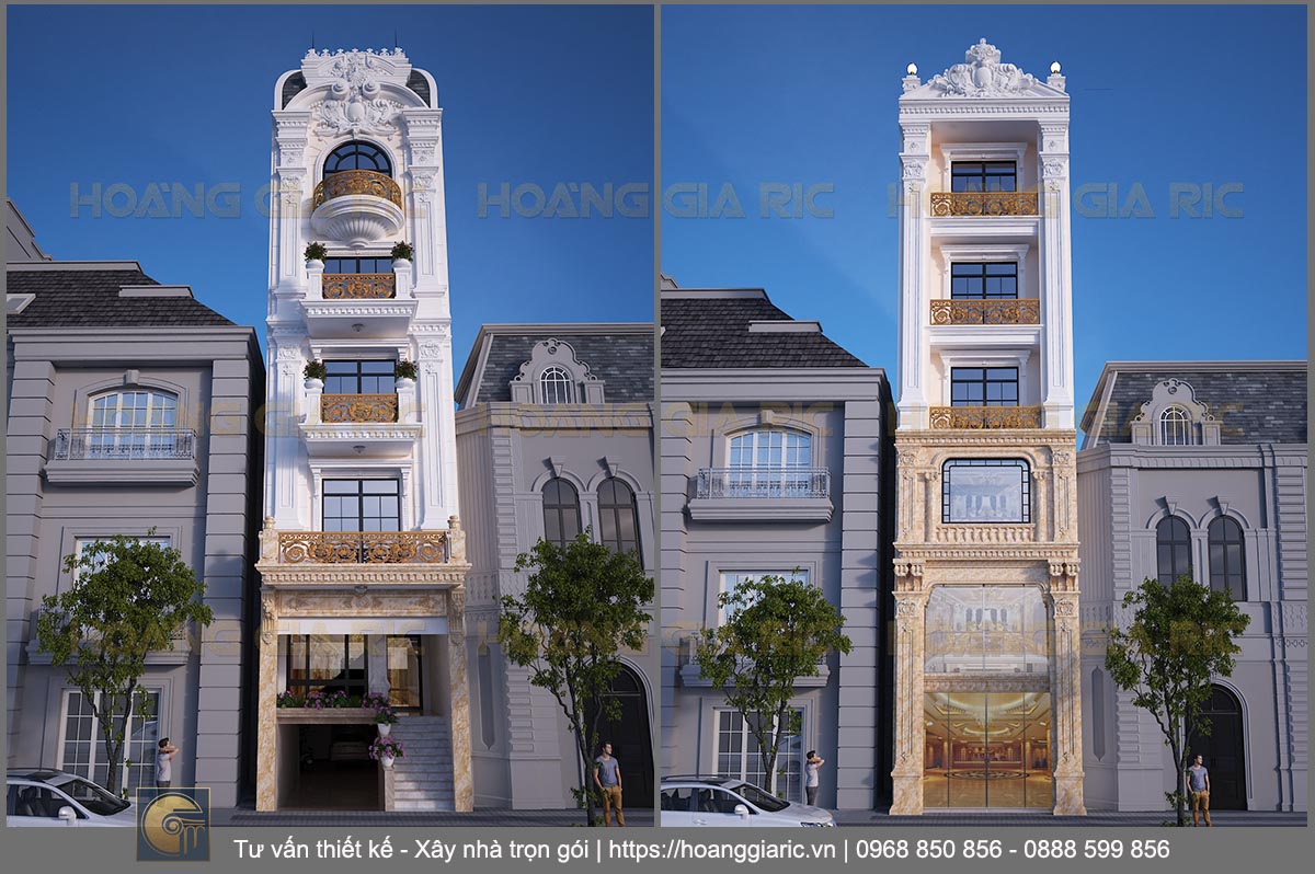 Thiết kế kiến trúc nhà phố tân cổ điển kiểu pháp Hà nội ht2019, phối cảnh mặt tiền 1,2