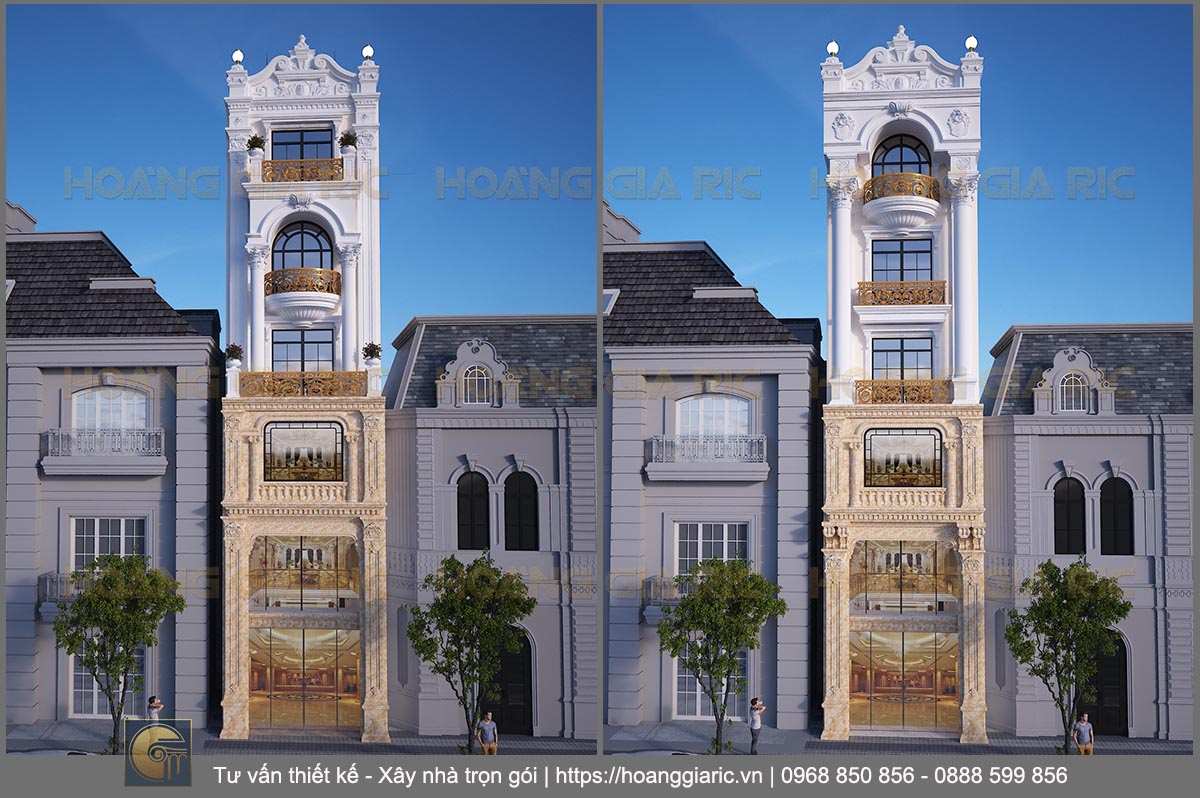 Thiết kế kiến trúc nhà phố tân cổ điển kiểu pháp Hà nội ht2019, phối cảnh mặt tiền 3,4