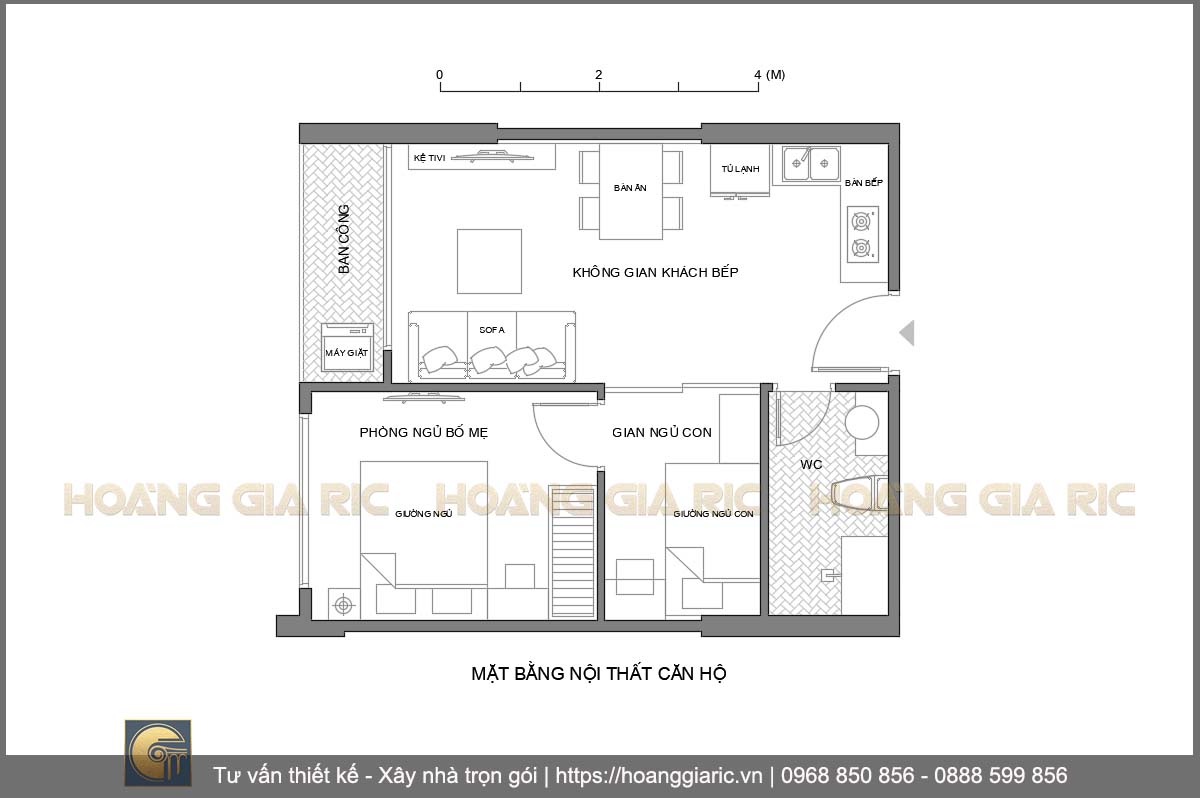 Thiết kế mặt bằng bố trí nội thất căn hộ mini 1.5 phòng ngủ chung cư Hà nội op22019
