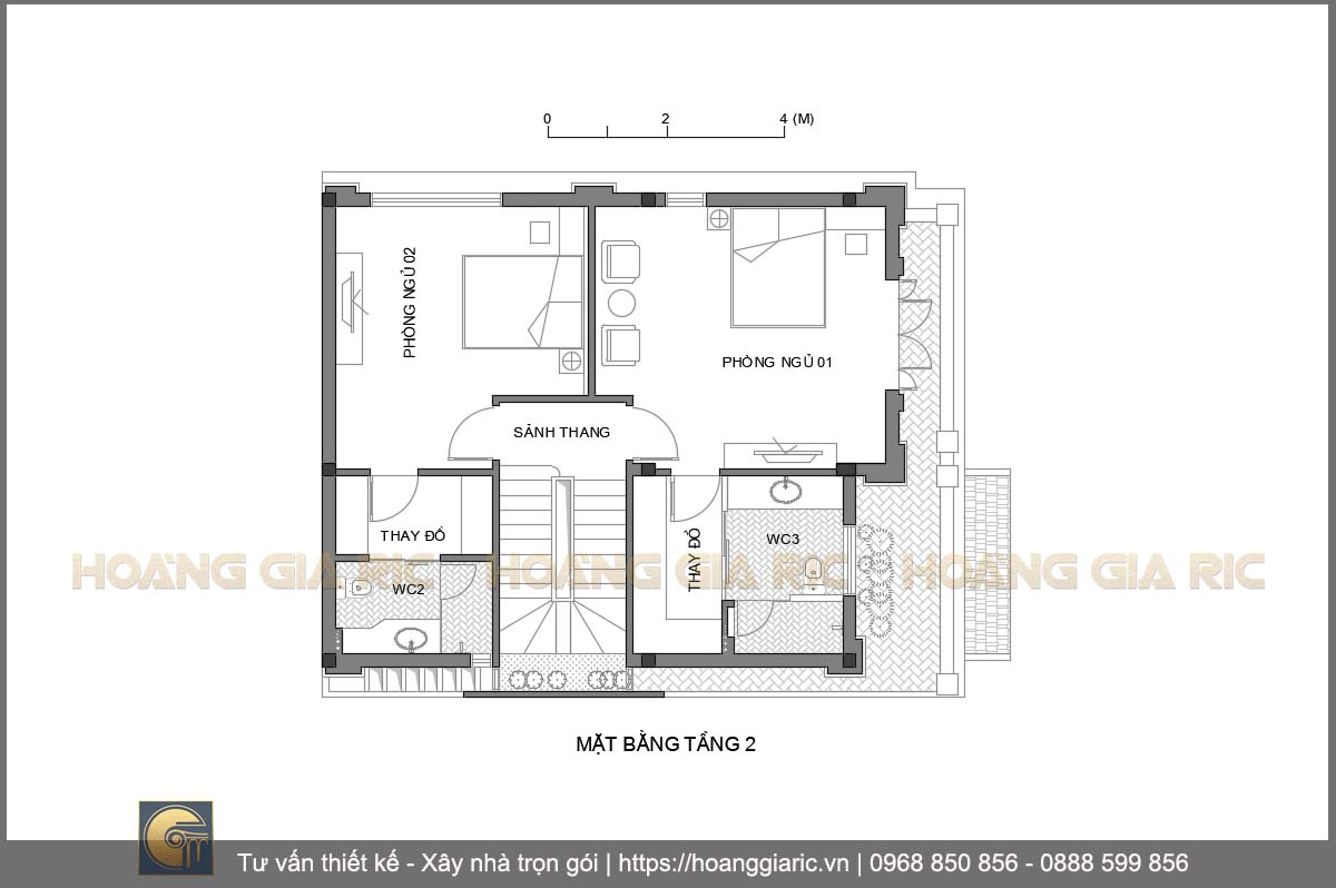 Thiết kế mặt bằng kiến trúc và bố trí nội thất tầng 2 biệt thự kiểu pháp Hà nội dl2014
