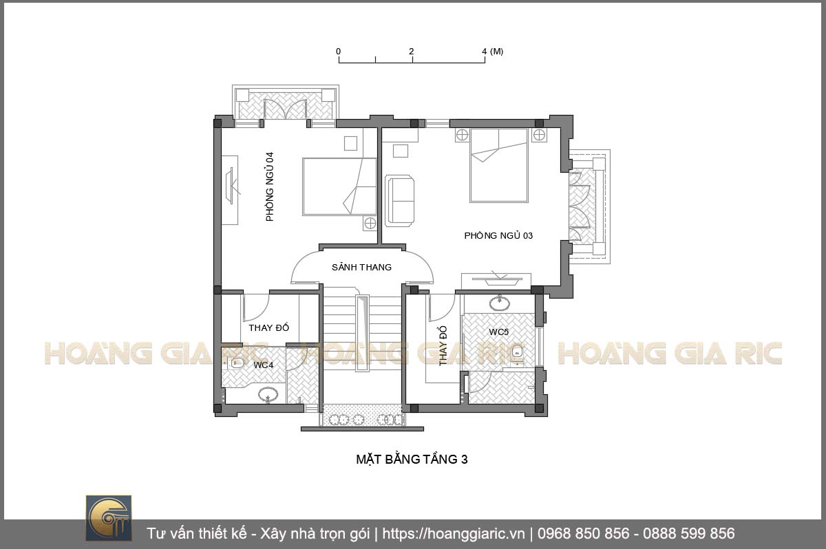 Thiết kế mặt bằng kiến trúc và bố trí nội thất tầng 3 biệt thự kiểu pháp Hà nội dl2014