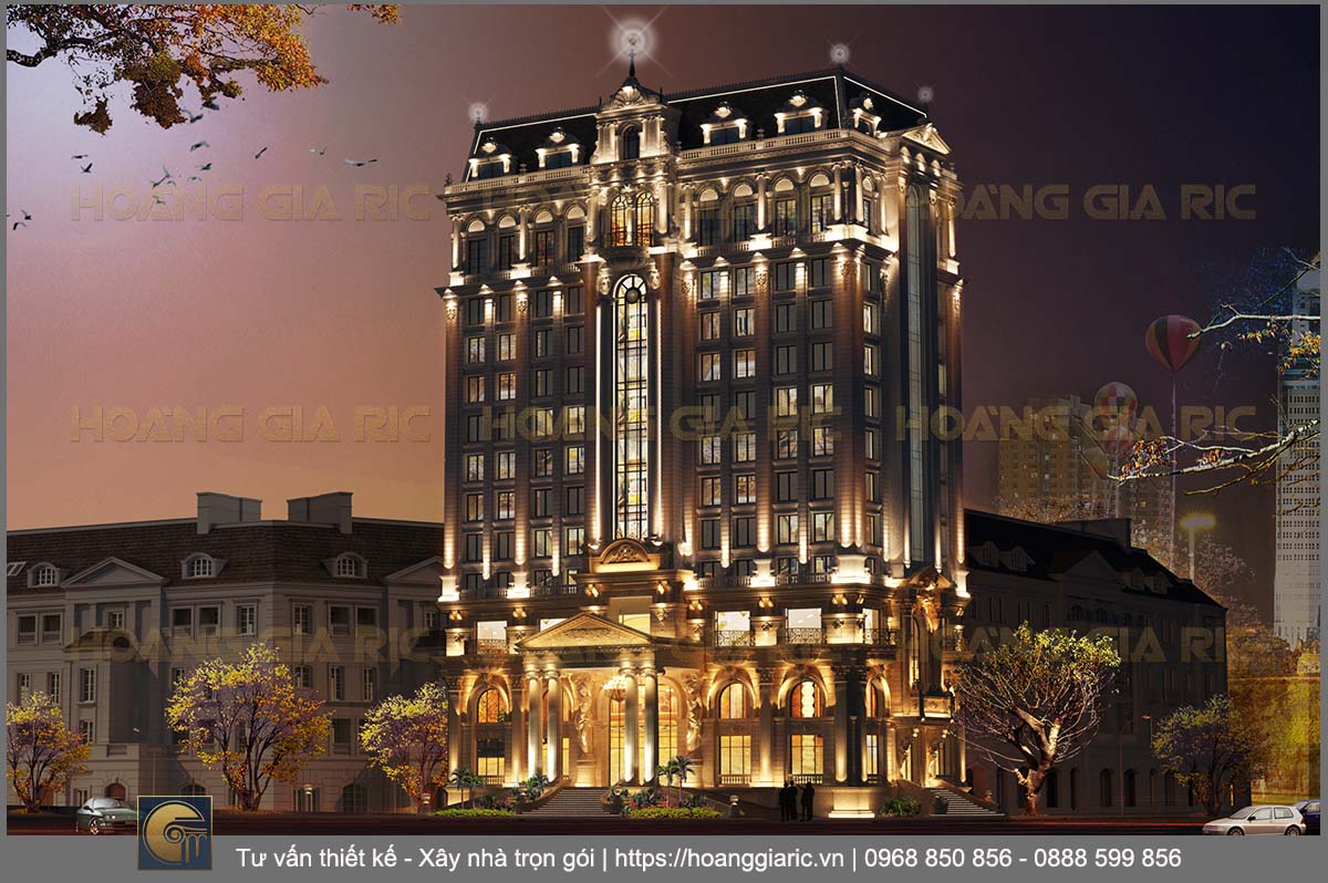 Phối cảnh tổng thể thiết kế mặt chính khách sạn tân cổ điển về đêm
