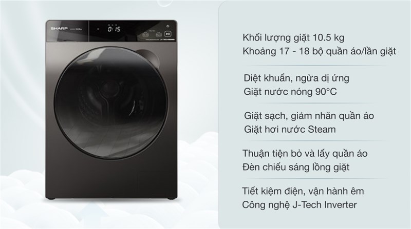 Máy giặt Sharp Inverter 10.5 Kg ES-FK1054PV-S Mới 2021