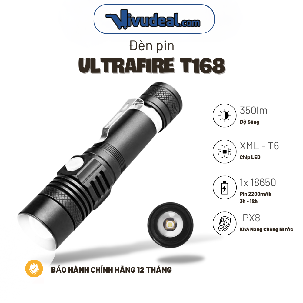 Đèn Pin Ultrafire T168 | Độ Sáng 350lm | Có Sạc USB | Dung Lượng 1x Pin 18650 2200mAh