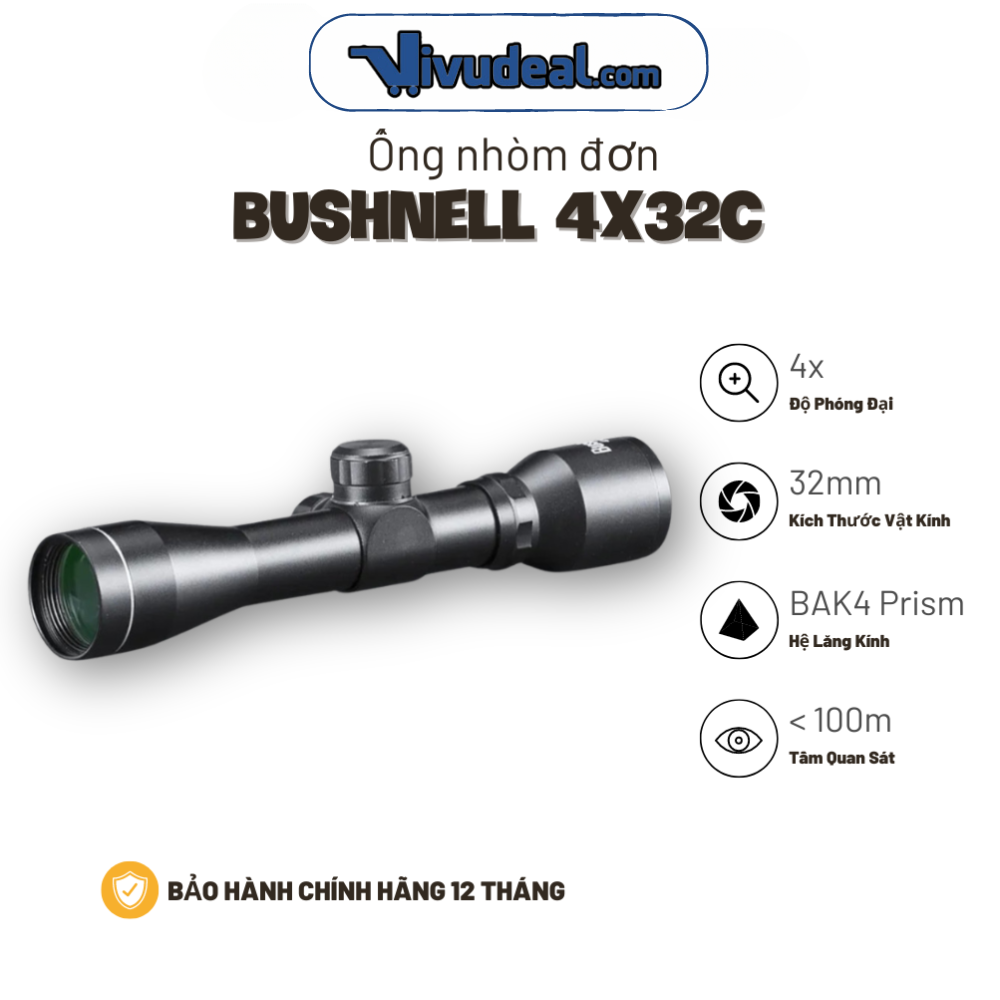 Ống Ngắm Bushnell 4x32C Mini | Độ Phóng Đại 4x | Tâm Lưới | Chiều Dài 22cm | Tầm Quan Sát 100m