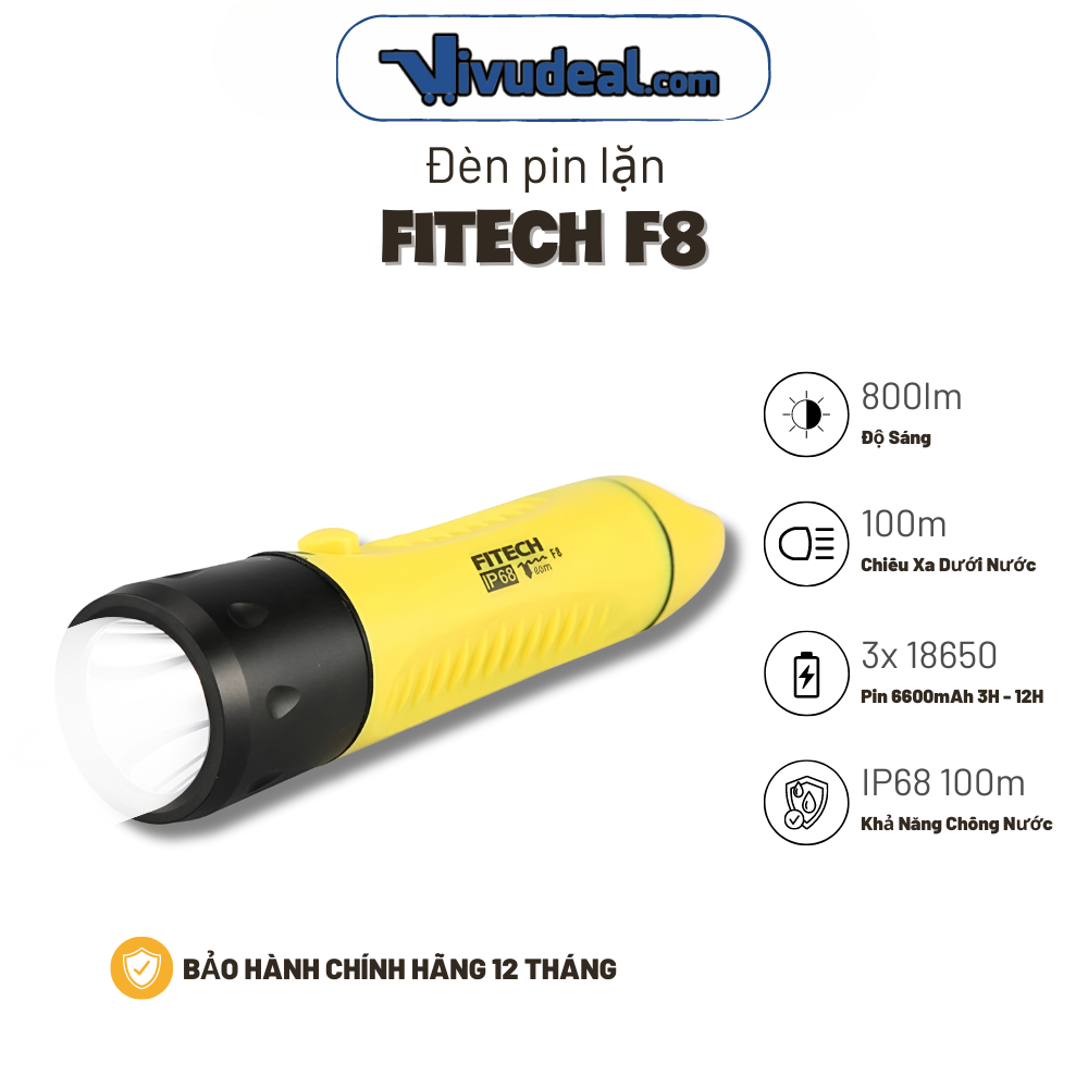 Đèn Pin Lặn Fitech F8 | Độ Sáng 800lm | Dung Lượng 6600mAh | Chống Nước IP68 Lặn Sâu 100m