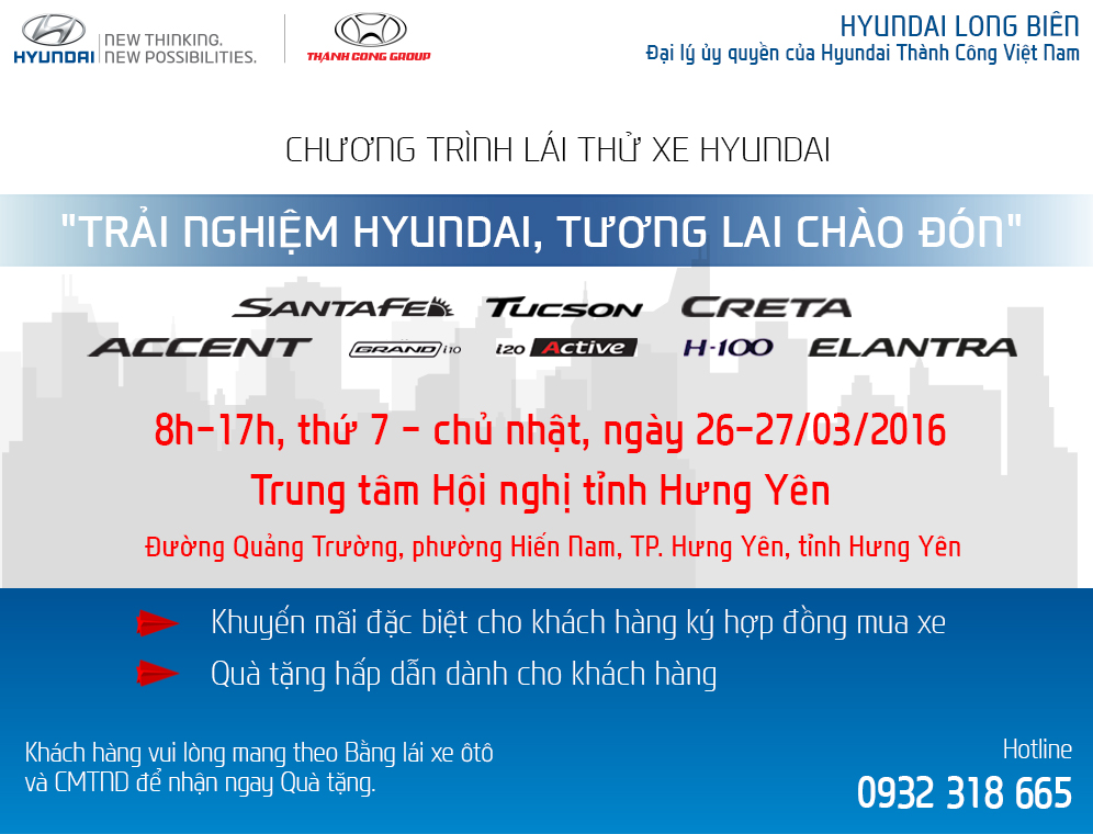 "Trải nghiệm Hyundai, tương lai chào đón" 26-27/03 tại TP. Hưng Yên