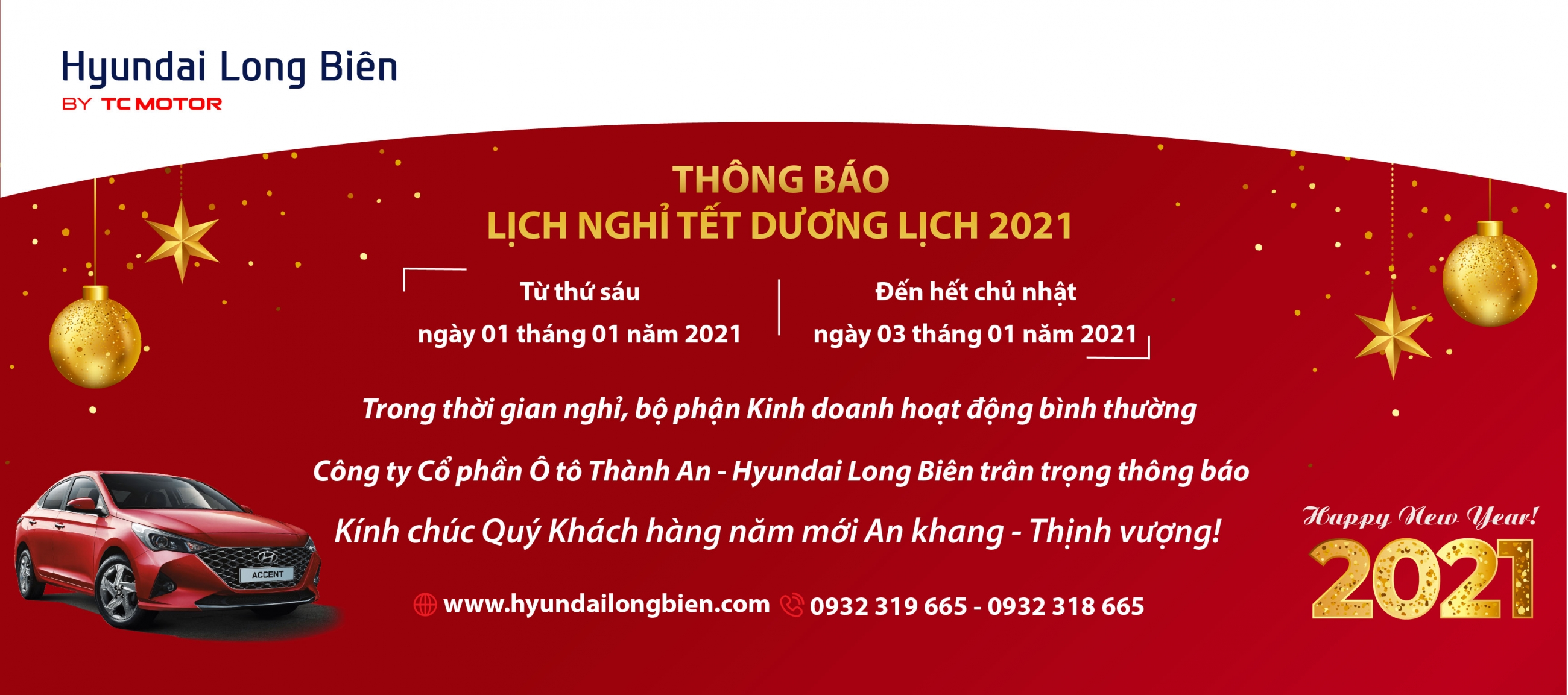 Hyundai Long Biên thông báo lịch nghỉ Tết dương lịch 2021