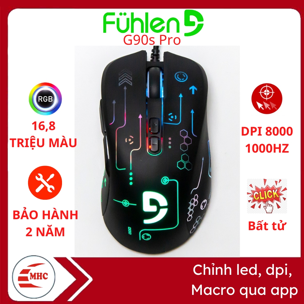 Chuột gaming Fuhlen G90s Pro RGB, DPI 8000, App chỉnh led RGB, macro, 7 nút bấm, Bảo hành 2 năm
