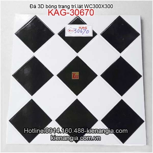 Đá đen trắng ca rô 3D bóng 300x300 lát WC,trang trí KAG-30670