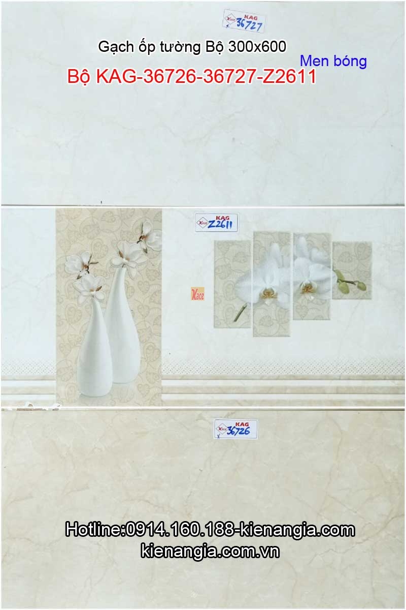 Gạch ốp tường phòng tắm men bóng 30x60 Bộ KAG-36726-36727-Z2611