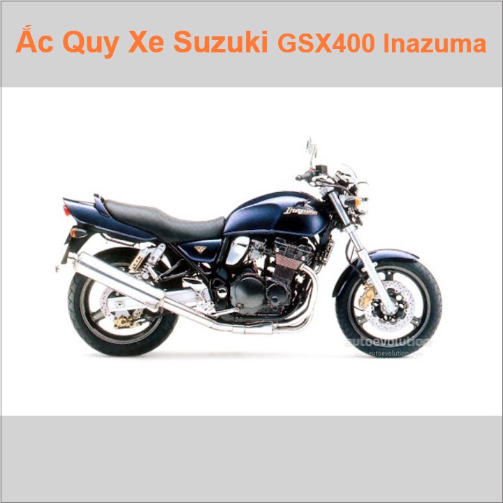 Bình acquy moto cho xe pkl Suzuki GSX-400 Impulse / GSX-400 Inazuma 399cc có công suất tầm 8Ah, 9Ah (10h) với các mã bình ắc quy phổ biến như YTX9-BS Bình ắc quy xe mô tô phân khối lớn Suzuki GSX400 có kích thước khoảng Dài 15cm * Rộng 8.7cm * Cao 10.5cm chất lượng tốt nhất với giá rẻ