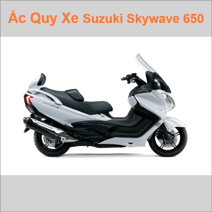 Bình acquy moto cho xe tay ga pkl Suzuki Skywave 650 638cc có công suất tầm 12Ah, 14Ah (10h) với mã bình ắc quy phổ biến như YTX14-BS Bình ắc quy xe mô tô phân khối lớn Suzuki Burgman Skywave 650 có kích thước Dài 15cm * Rộng 8.7cm * Cao 14.5cm chất lượng tốt nhất với giá rẻ