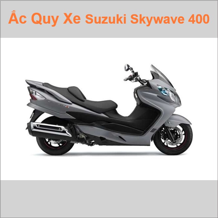 Bình acquy moto cho xe tay ga pkl Suzuki Skywave 400 400cc có công suất tầm 11.2Ah (10h) với mã bình ắc quy phổ biến như TTZ14S, YTZ12S Bình ắc quy xe mô tô phân khối lớn Suzuki Burgman / Skywave 400 có kích thước khoảng Dài 15cm * Rộng 8.7cm * Cao 11cm chất lượng tốt nhất với giá rẻ