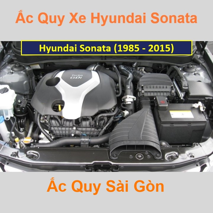 Bình ắc quy cho xe Hyundai Sonata (1985 – 2015) có công suất tầm 70Ah, 75Ah (cọc nổi – nghịch) với các mã bình ắc quy 80D26L, 85D26L, 90D26L, 95D26L Bình acquy oto Hyundai Sonata có kích thước khoảng Dài 26cm * Rộng 17,5cm * Cao 22,5cm Ắc Quy Sài Gòn