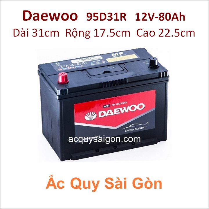 Bình ắc quy xe ô tô Daewoo 80Ah 95D31R (cọc nổi - cọc thuận) phù hợp với các dòng xe như Isuzu DMax, Toyota Hiace, Ssangyong Musso...