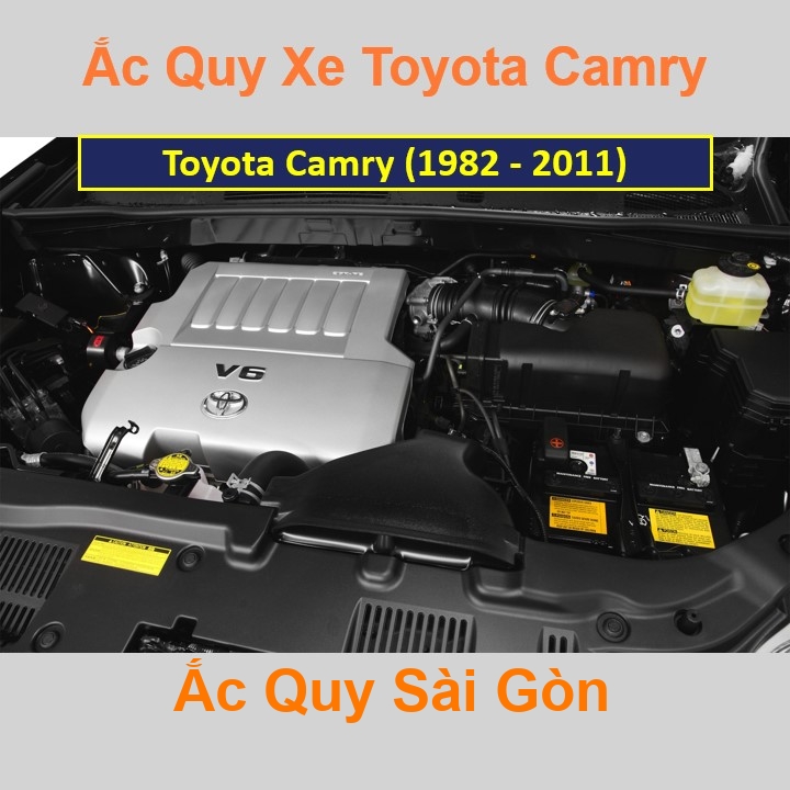 Vị trí bình ắc quy Toyota Camry ở dưới nắp ca pô, bình nằm ngang, phía trước, bên tài.