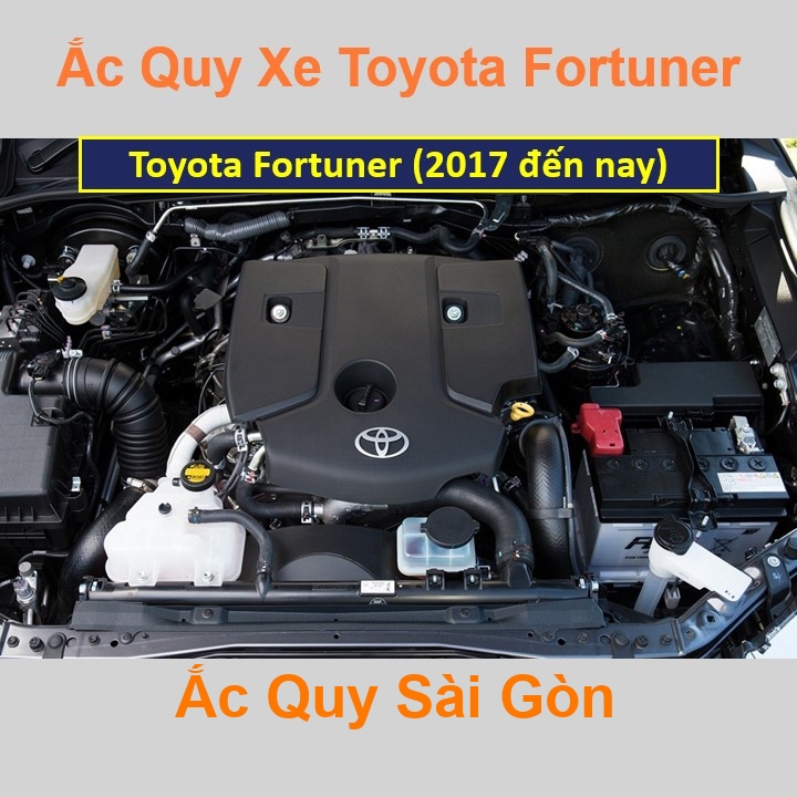 Vị trí bình ắc quy Toyota Fortuner ở dưới nắp ca pô, bình nằm ngang, phía trước, bên tài.