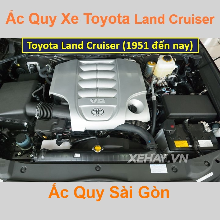 Vị trí bình ắc quy Toyota Land Cruiser ở dưới nắp ca pô, bình nằm ngang, phía trước, bên tài.